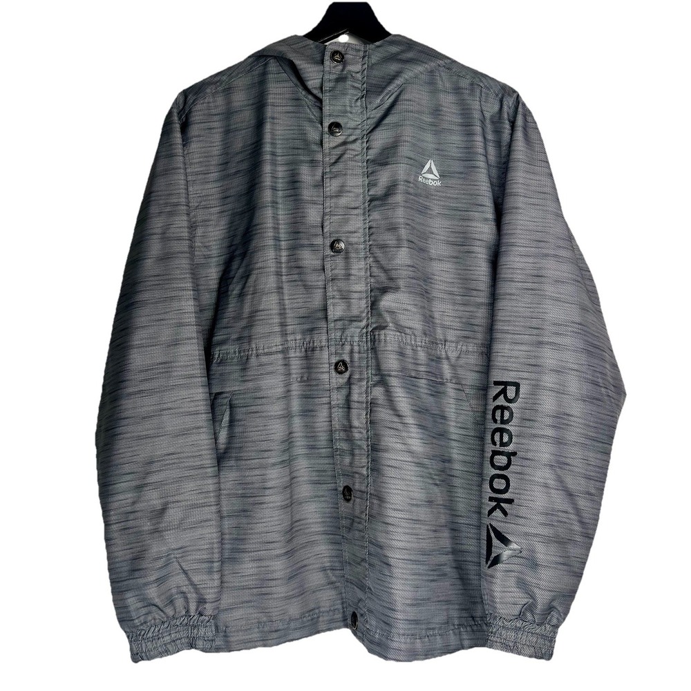 Reebok Boys XL 18/20 Gray Space Dye Hooded Windbreaker Jacket Full Zip Mesh Line - Picture 1 of 10